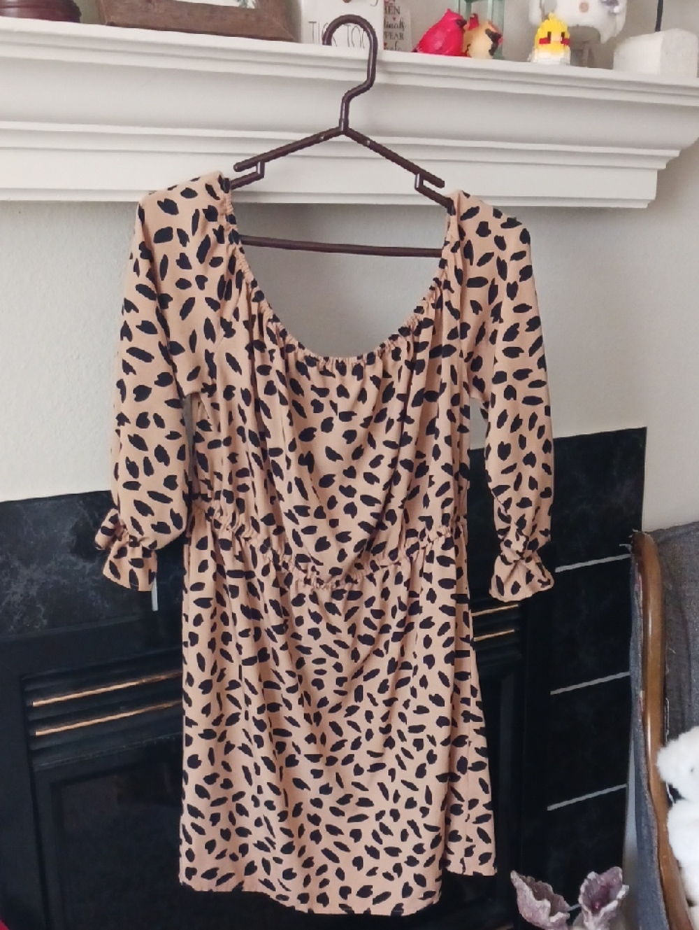 Beige and Black Printed Women’s Dress - Casual Scoop Neck